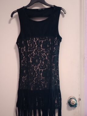 Black Lace Fringe Tank Dress
